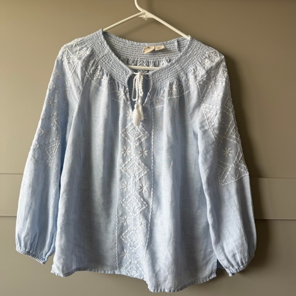 Joie Linen Embroidered Peasant Blouse Light Blue Tassel Boho Top Womens XS
